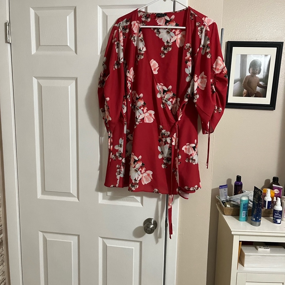 City Chic Red Floral Wrap Blouse